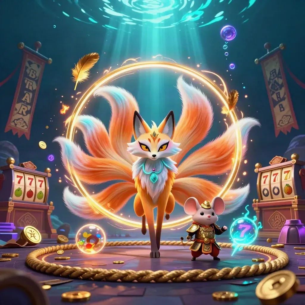 Fox spirit and samurai mouse in a glowing underwater casino temple with slot symbols