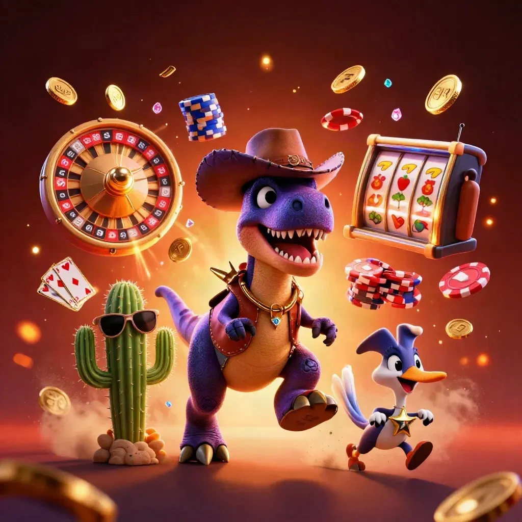 Cowboy T-Rex, cactus sidekick, and sheriff roadrunner amid casino coins, cards, chips, reels, and glowing embers