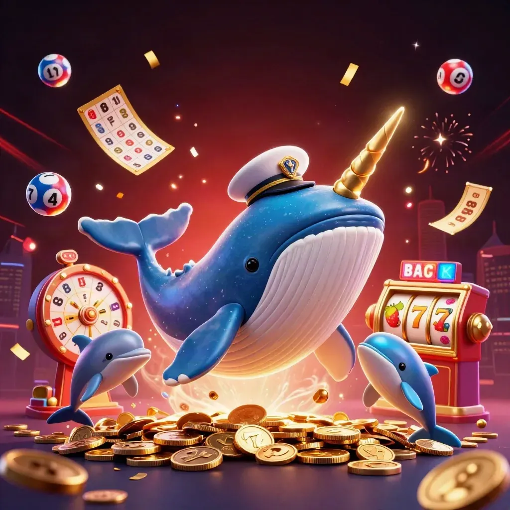 Captain whale, narwhal, and dolphins in a blazing coin storm with casino effects.