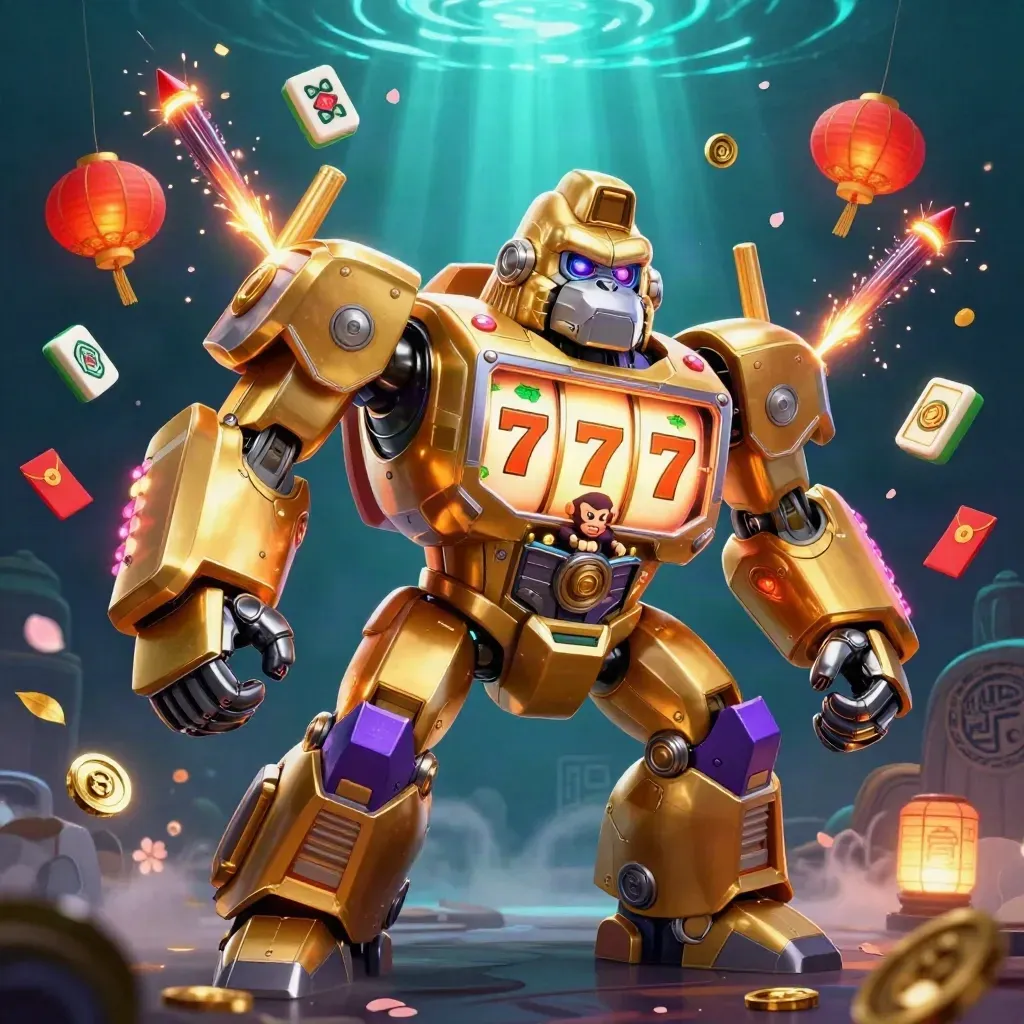 Golden gorilla slot mech with tiny monkey pilot, reels, lanterns, coins, and neon casino glow.