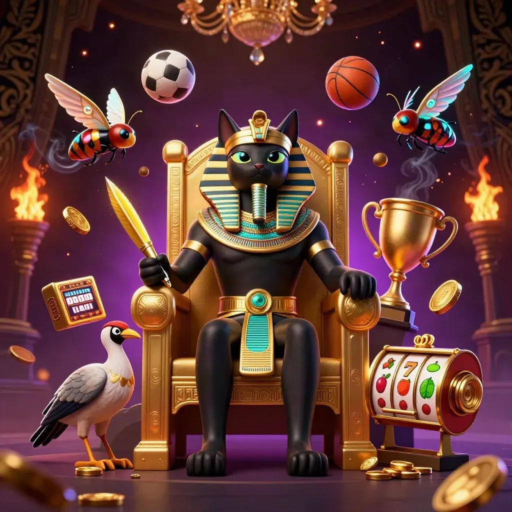 Pharaoh cat on throne with ibis scribe, scarabs, casino symbols, and sports balls in neon casino glow.