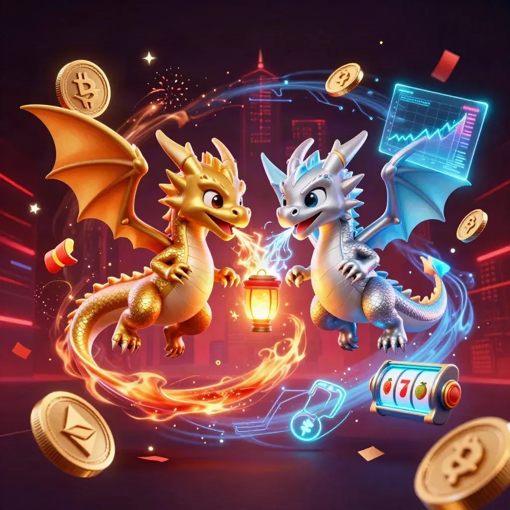 Twin gold and silver dragons with coins, sparks, and slot symbols in a neon casino scene.