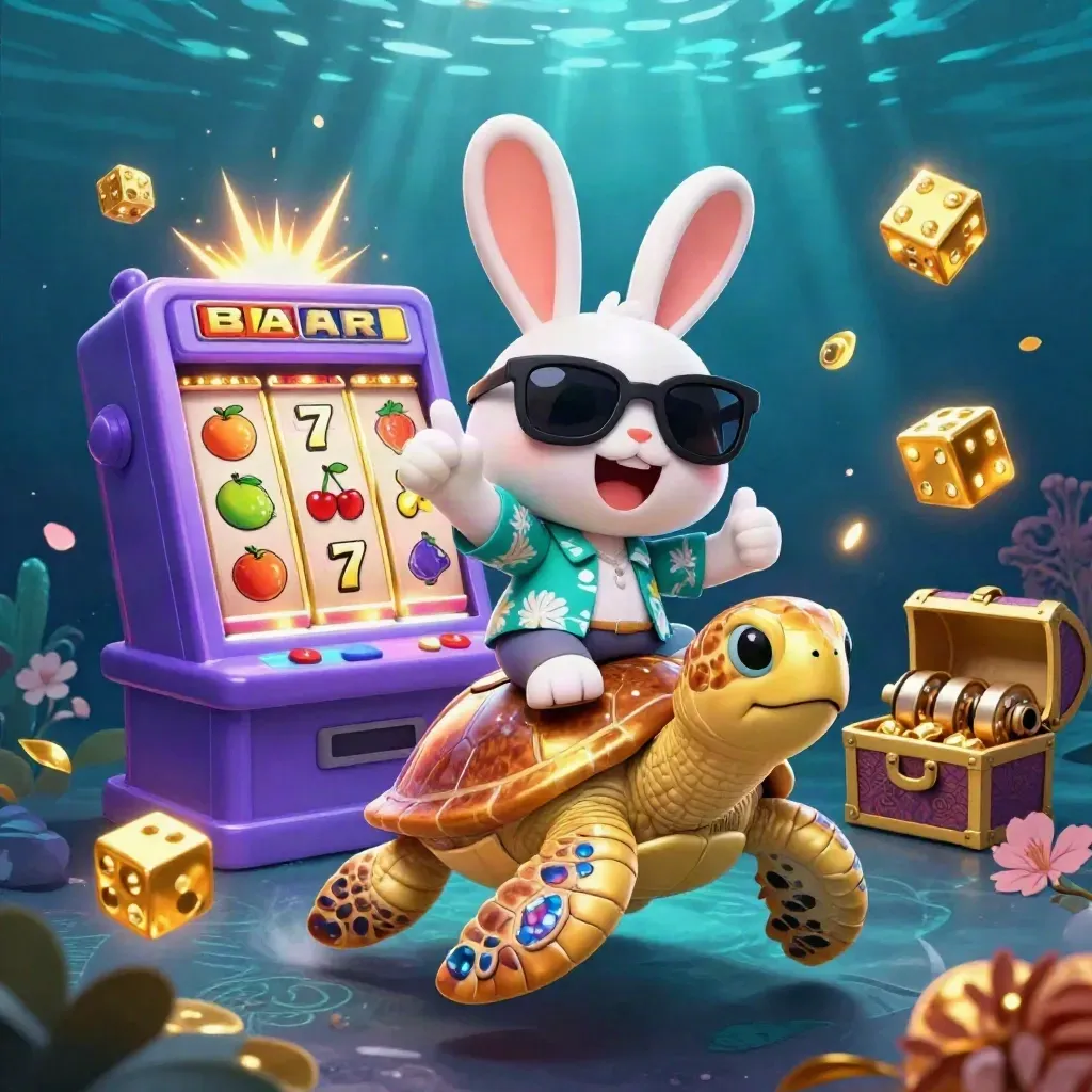 Lucky rabbit rides a golden sea turtle amid slot symbols and treasure in neon underwater glow.