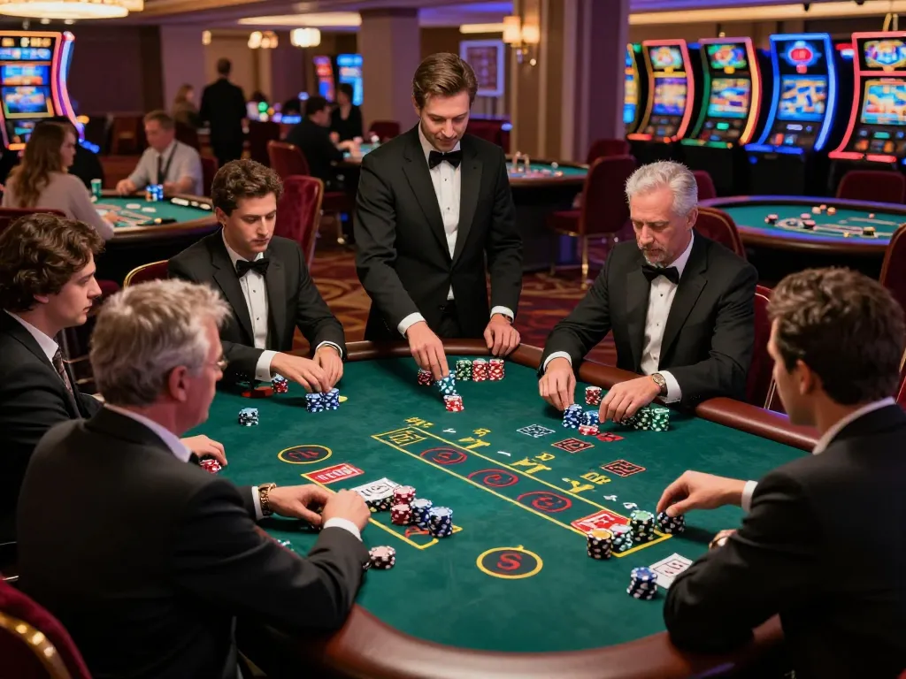 Experience the thrill at net88 with players focused at a high-stakes blackjack table.