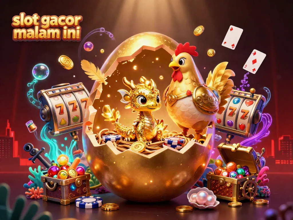 Gambarlah komposisi kasino yang mewakili slot gacor malam ini dengan elemen naga emas dan simbol slot.