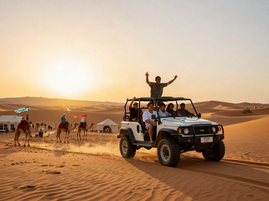 Exciting desert safari experience with tourists in a 4x4 vehicle navigating sandy dunes during sunset.