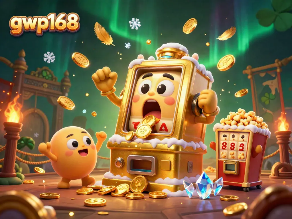 Mesin slot gwp168 menang jackpot dengan koin berhamburan, dikelilingi atribut kasino menarik.