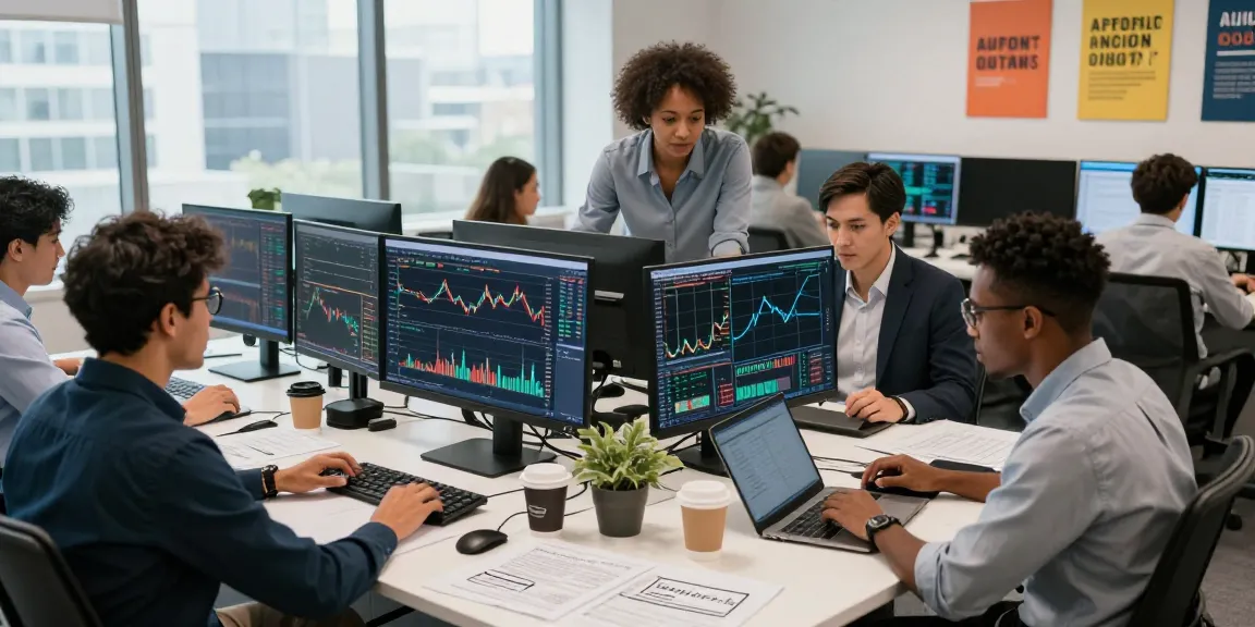Pemandangan lingkungan perdagangan kakakjudi dengan trader yang menganalisis grafik dan data di kantor modern.