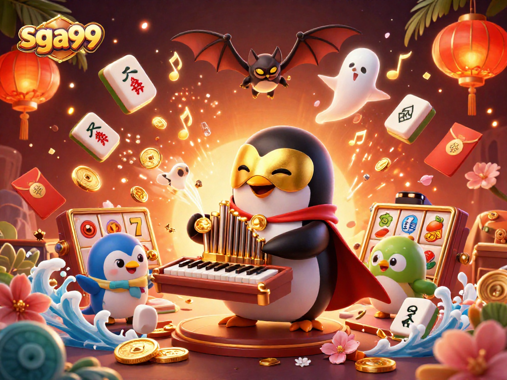 Experience the excitement of sga99 with a vibrant casino scene featuring a penguin playing an organ filled with coins.