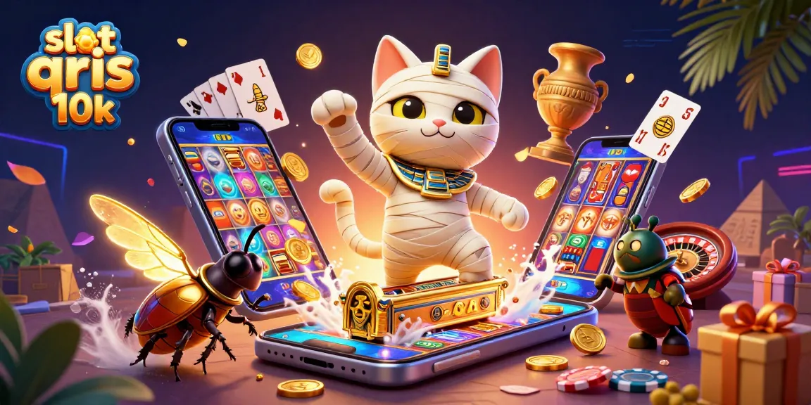 Experience thrilling luck with slot qris 10k in this colorful illustration featuring a mummy cat and casino elements.