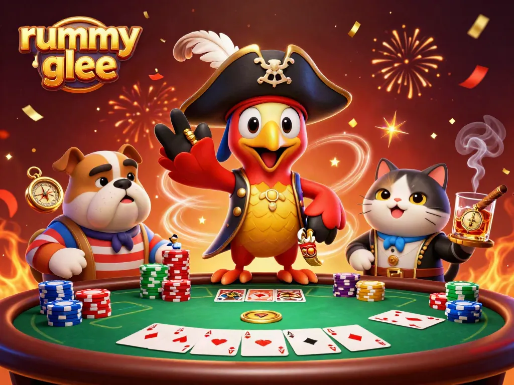Rummy Glee menghadirkan suasana permainan yang menarik dengan karakter kartun dan elemen kasino.