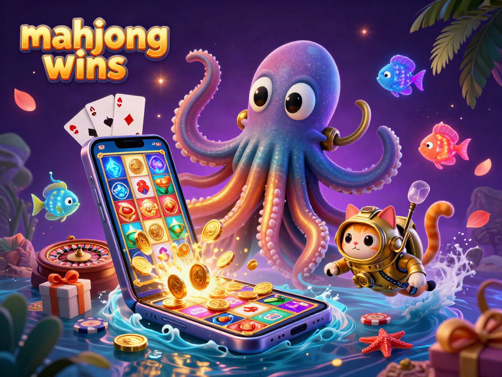 Experience mahjong wins in a vibrant 3D illustration with a kraken, diving cat, and slot game elements.