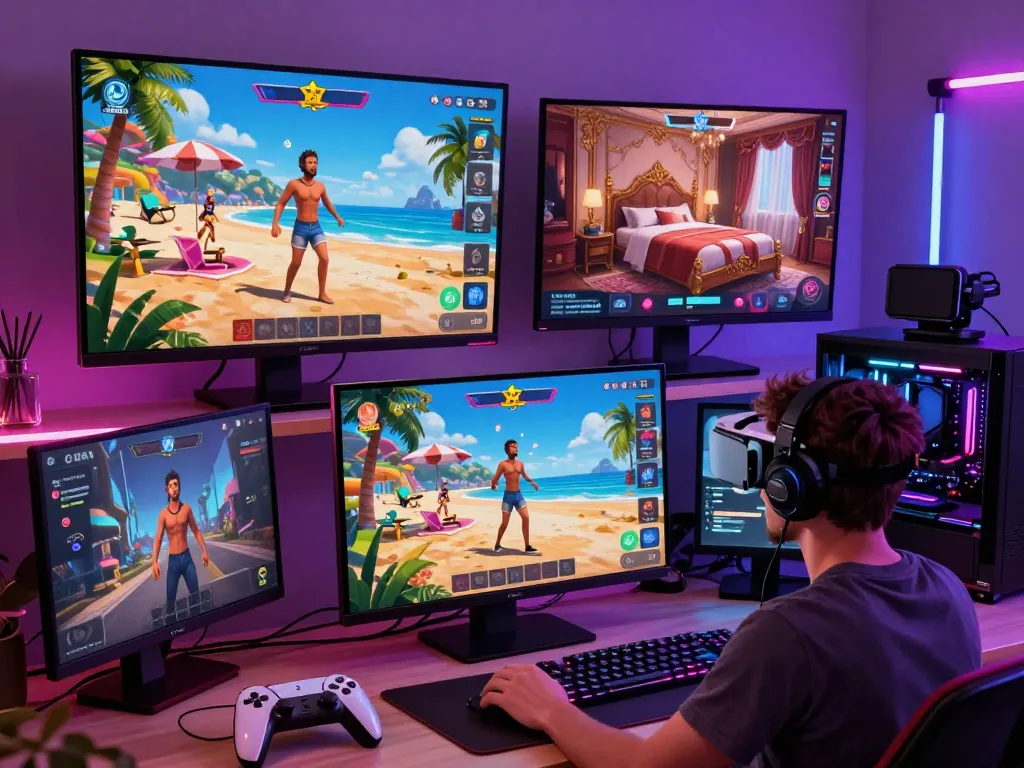 Experience thrilling porngame action in a colorful virtual reality setup with engaging adult avatars.