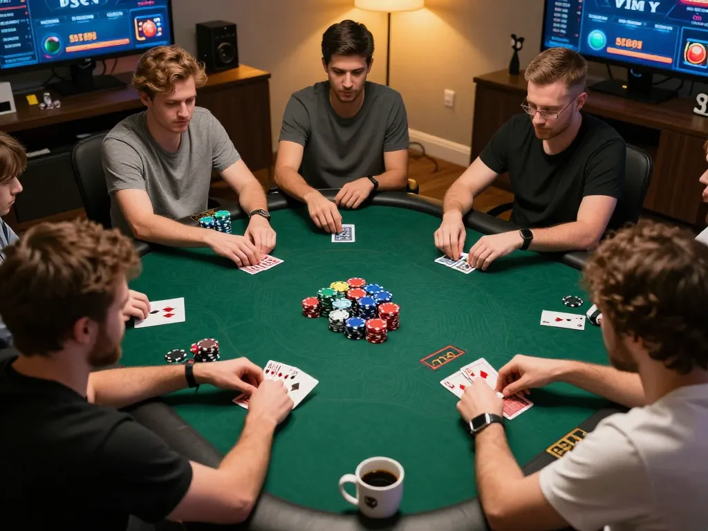 SC88 players strategizing in a competitive online poker game, showcasing interaction and excitement