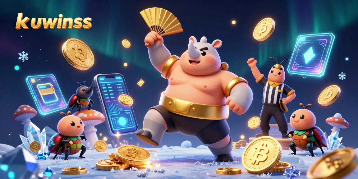 Kuwinss champions exhibit skill in a vibrant casino scene with flying coins and crypto elements.