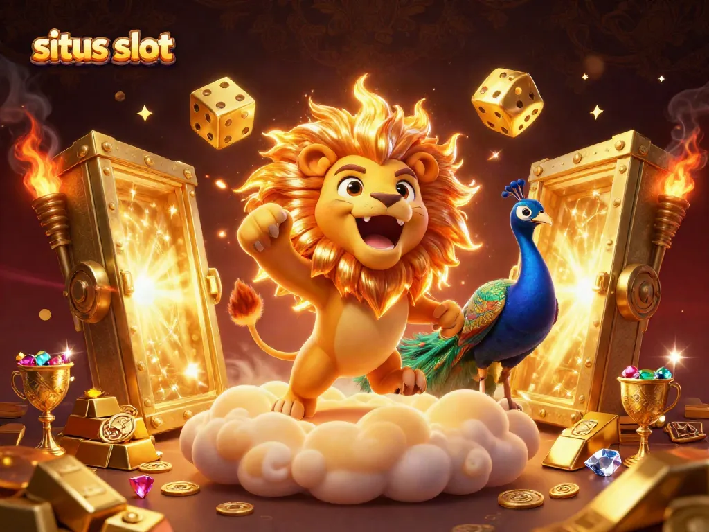 Gambaran yang menggambarkan situs slot dengan karakter singa matahari kartun dan elemen permainan yang berkilau.