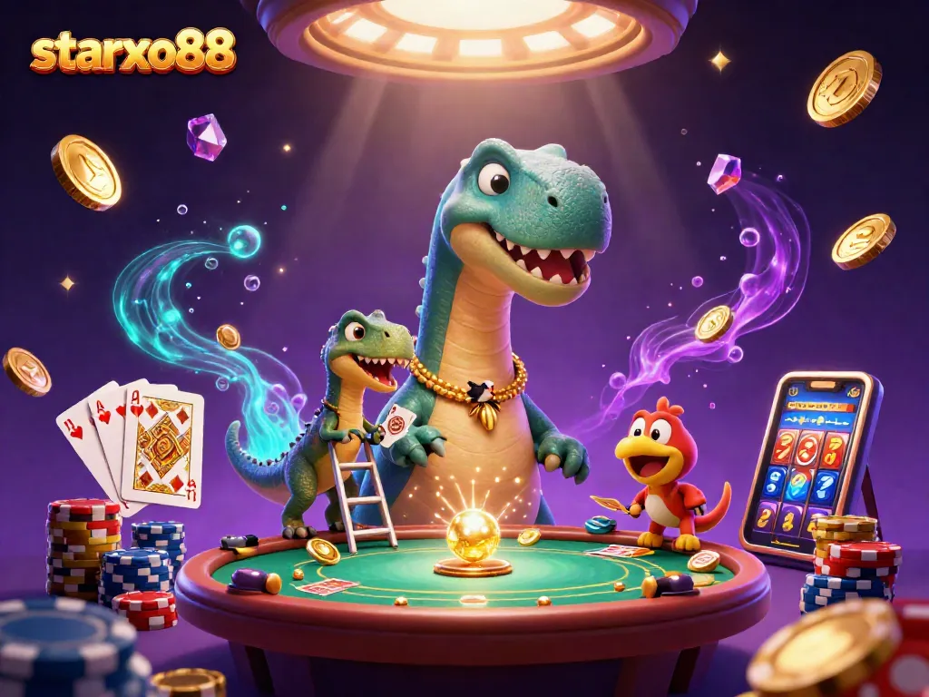 Engage with starxo88 in a vibrant casino scene featuring a towering brontosaurus and dynamic game elements.