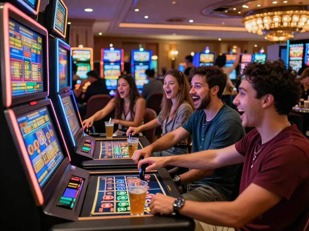 Group of friends enjoying a game at an akunjp slot machine in a vibrant casino.