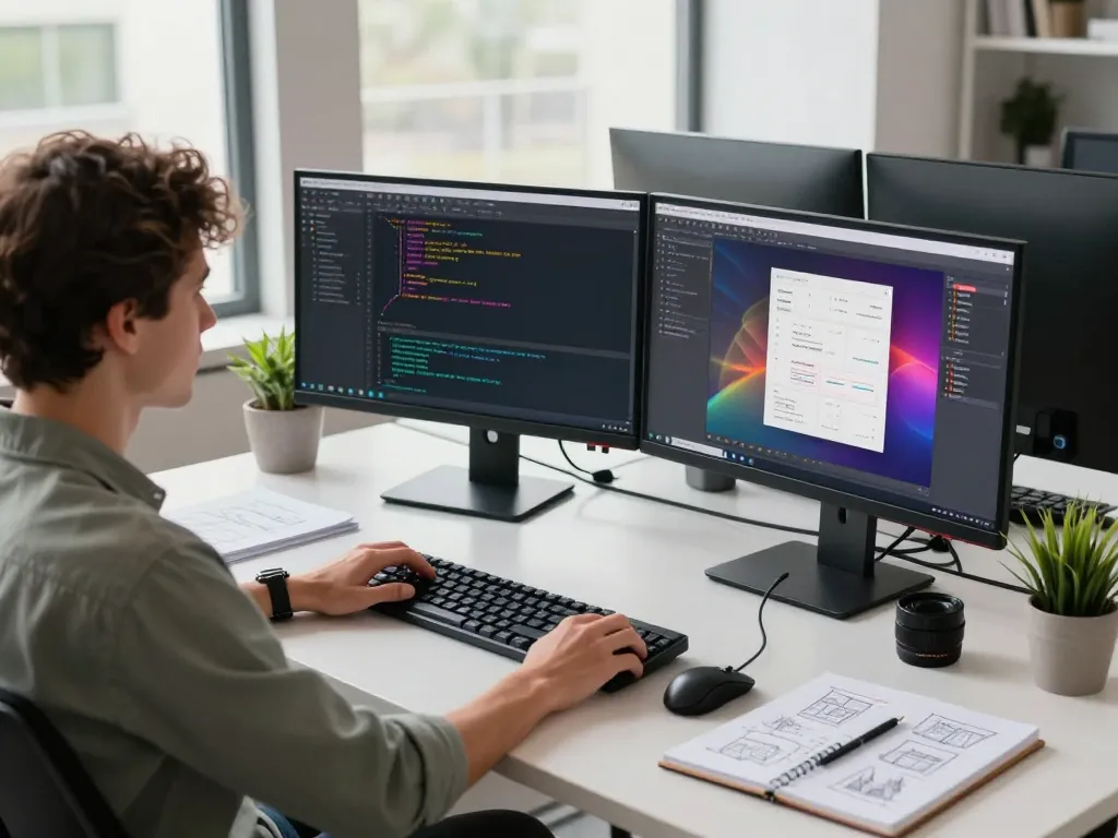 OpenClaw's software developer working in a modern office with dual monitors showcasing code and interface design.