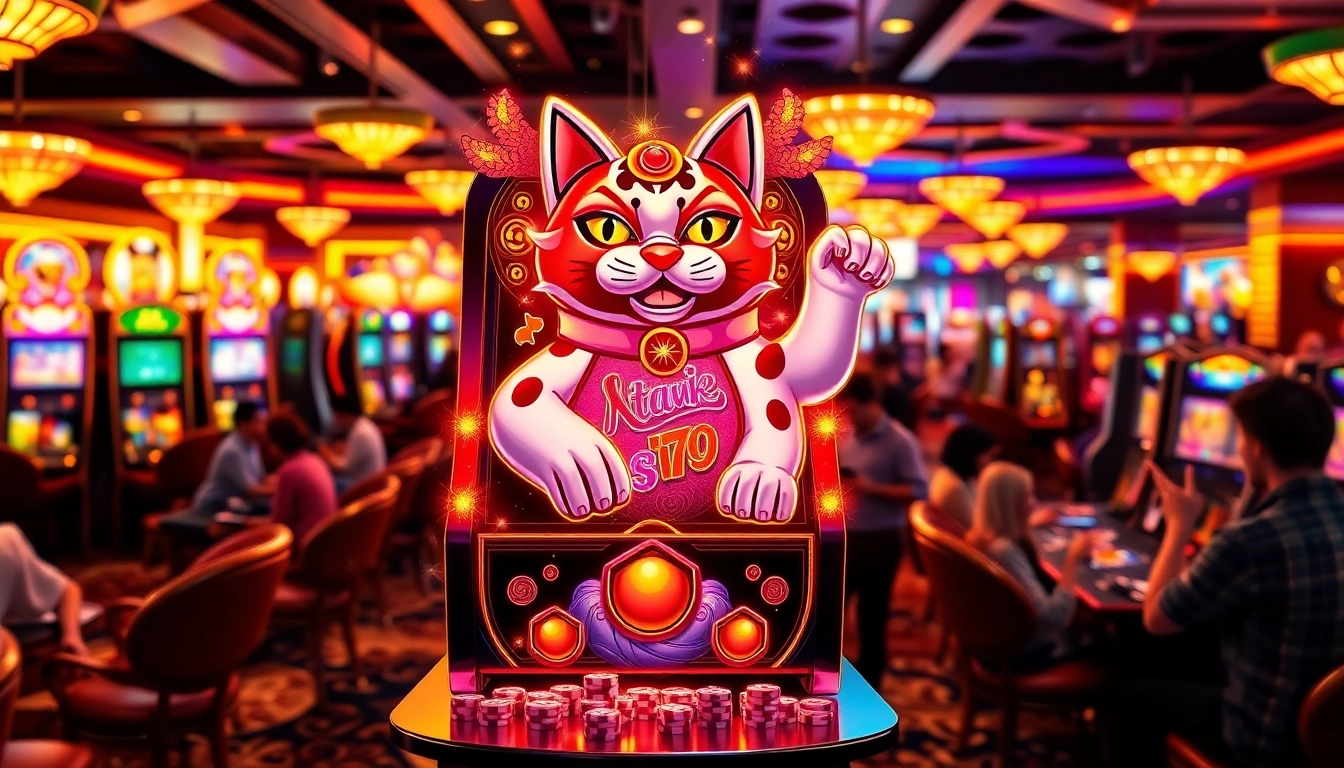 Players winning at the Lucky Neko PG Soft ได้เงินจริงไหม slot machine in a vibrant casino scene.