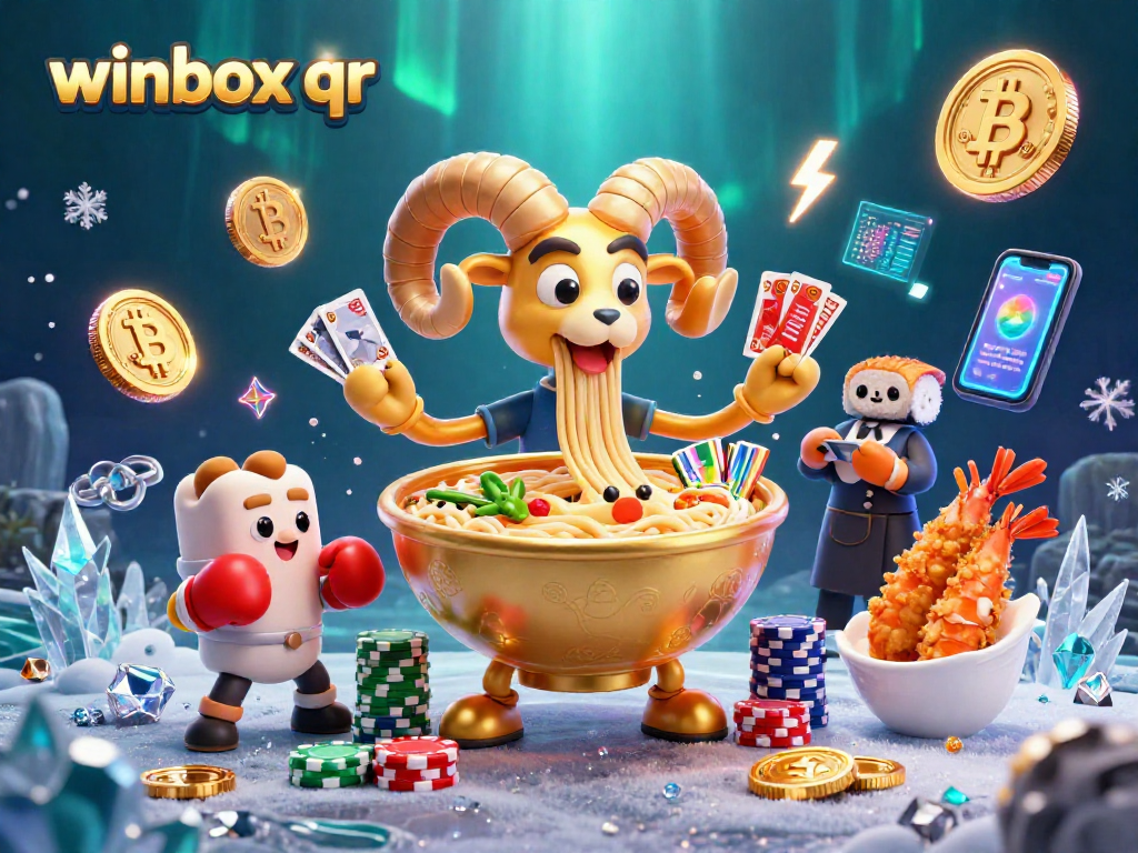 Experience the dynamic winbox qr action with a vibrant 3D casino scene full of characters and crypto elements.