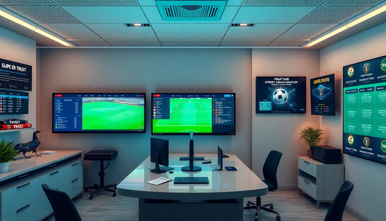 Professional betting office showcasing trangcacuocbongda with screens displaying football odds and live matches.