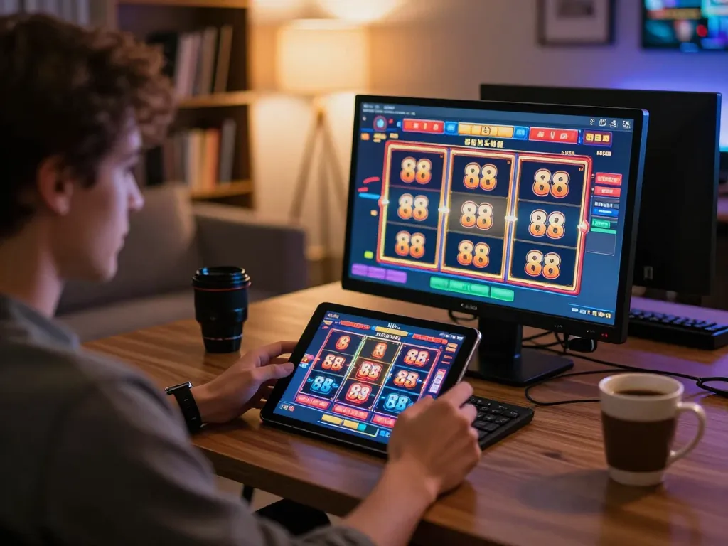 Engaging with open 88 online gaming interface on a tablet in a cozy home environment.