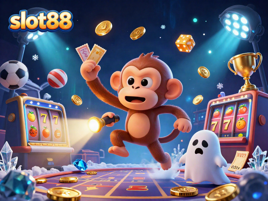 Experience the thrill of slot88 with a playful ghost and puppy tracking golden treasure in a haunted casino.