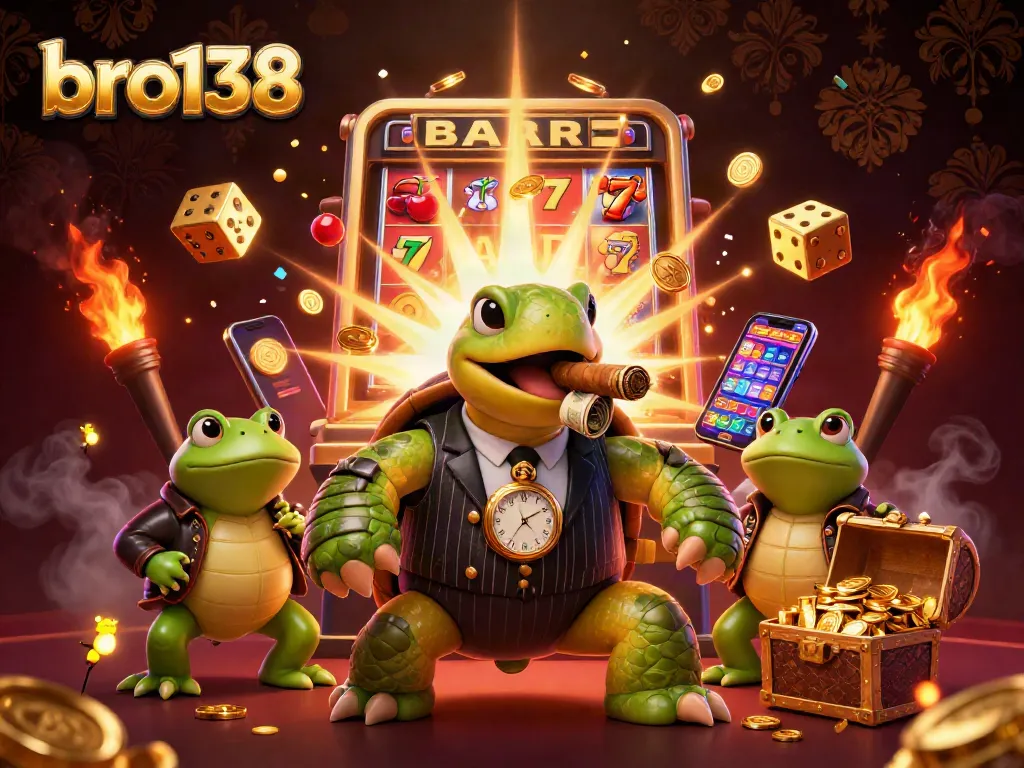 Experience big wins at bro138 with a vibrant 3D casino scene featuring a turtle mobster and lively jackpots!
