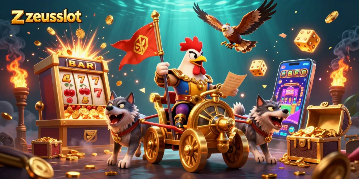 Engage with zeusslot as the rooster warlord rides into a jackpot explosion of coins and vibrant casino elements.
