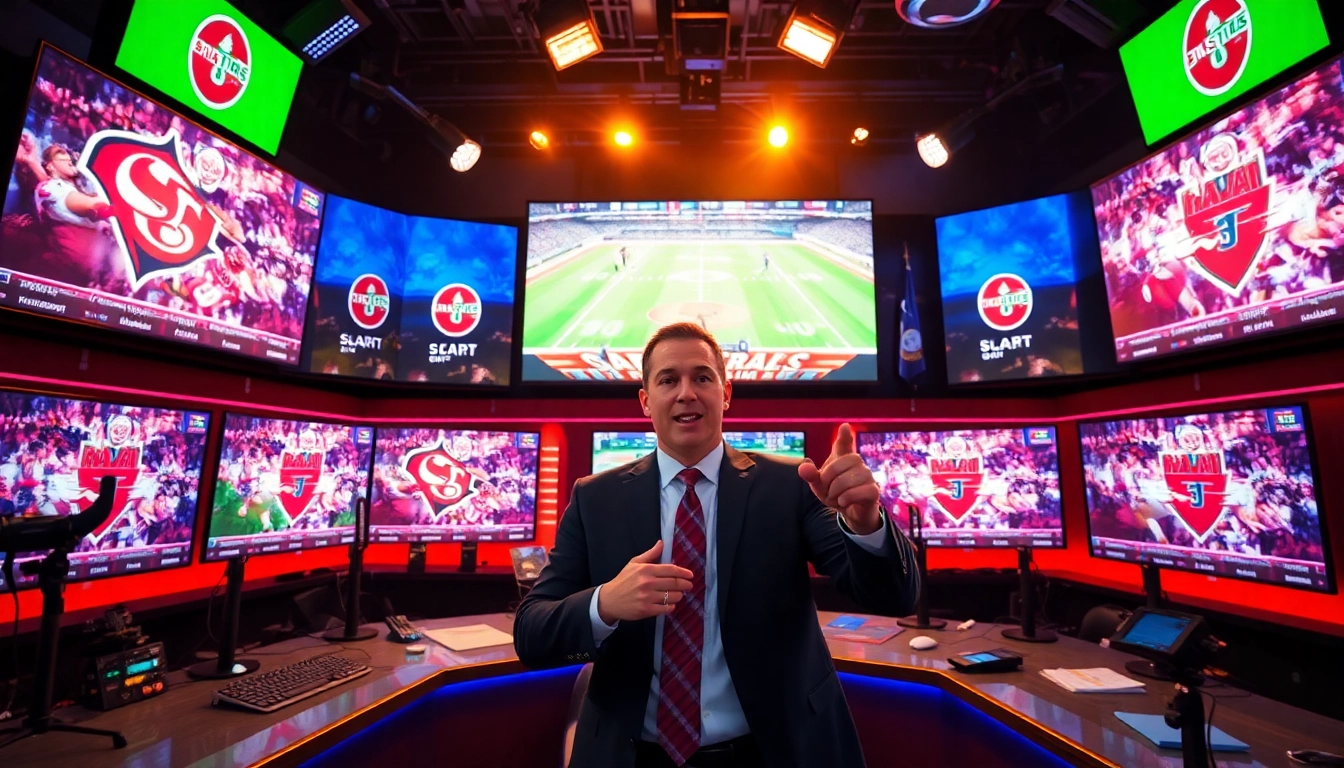 Engaging sports broadcasting studio with a professional broadcaster and dynamic screens.