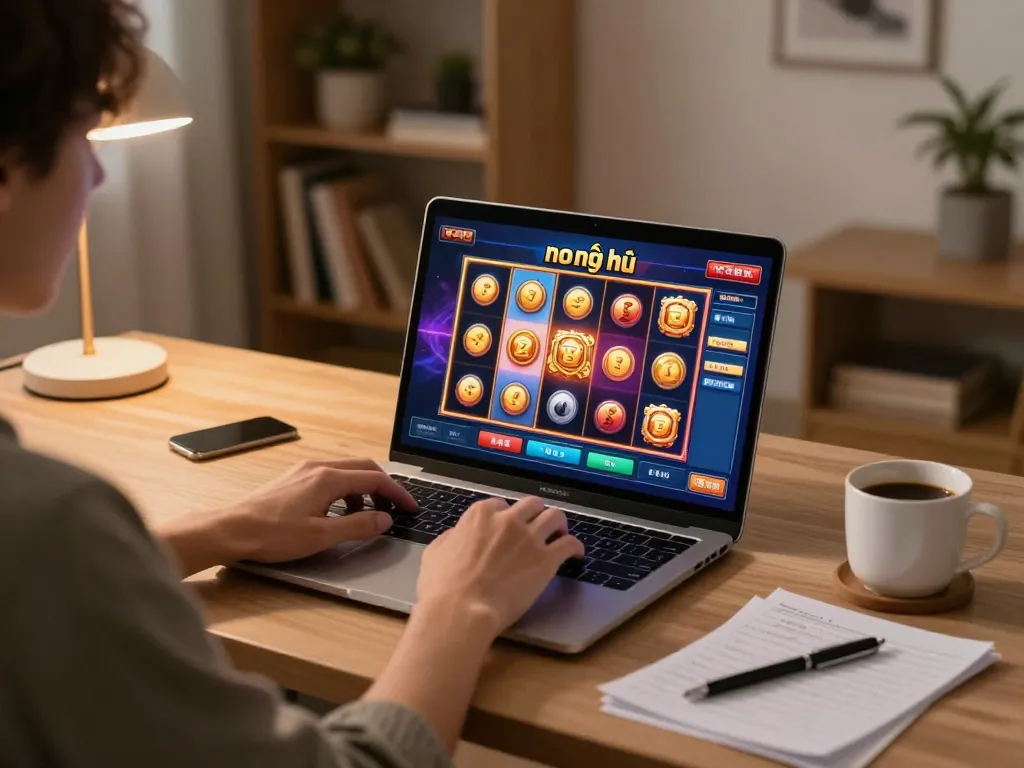 Playing game nổ hũ online with laptop and strategy notes in cozy home setting.