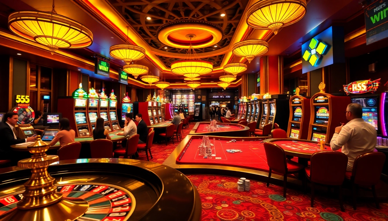 Experience vibrant gaming excitement at 555 win casino with engaging players at poker tables.