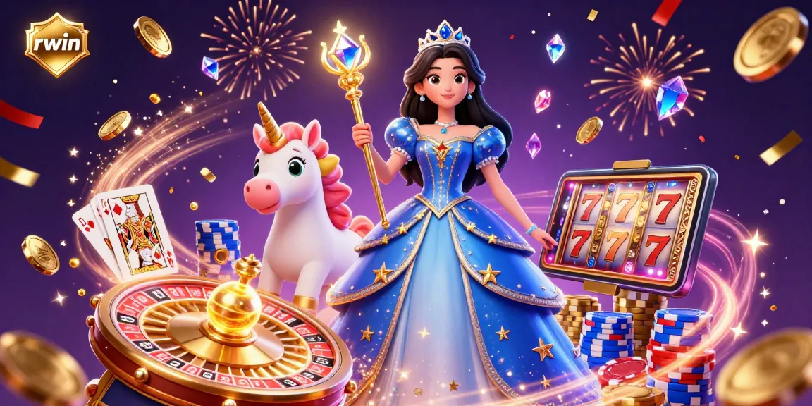 Engage with rwin through a vibrant 3D casino scene featuring magical elements and dynamic game elements.