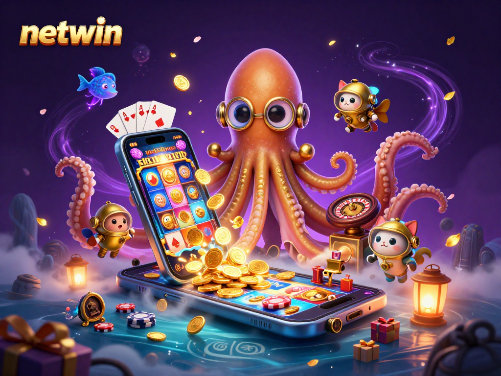 Experience the excitement of netwin with a vibrant 3D scene featuring a kraken, diving cat, samurai, and dynamic gaming elements.