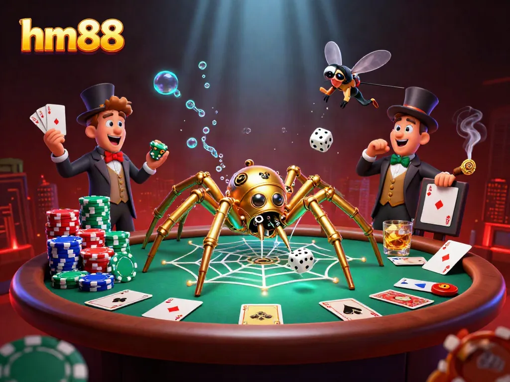 Join the thrill of poker at hm88 with this vibrant 3D illustration showcasing a steampunk spider and engaging casino elements.