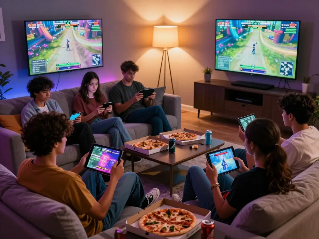 Friends enjoying engaging sex game night in cozy living room
