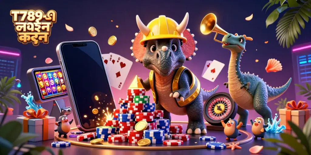 T789-এ লগইন করুন with a vibrant scene of cartoon dinosaurs celebrating among casino elements, including poker chips and slot games.