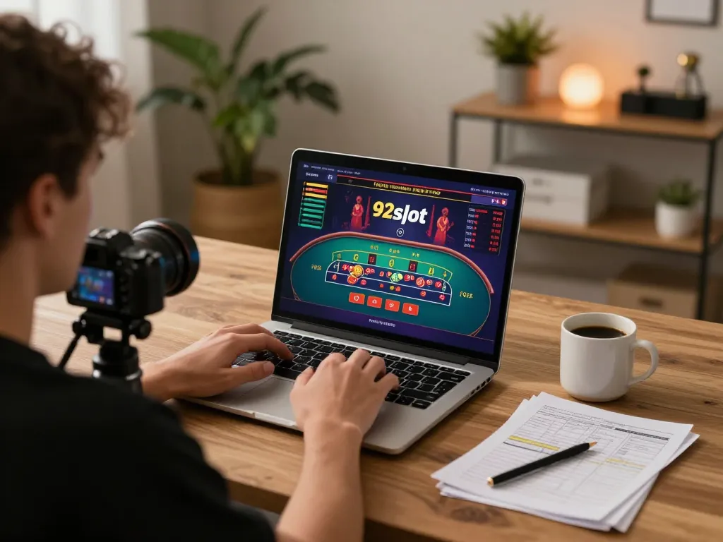 Engaging online gaming scene on 92slot with a player focused on live dealer games and strategy notes.