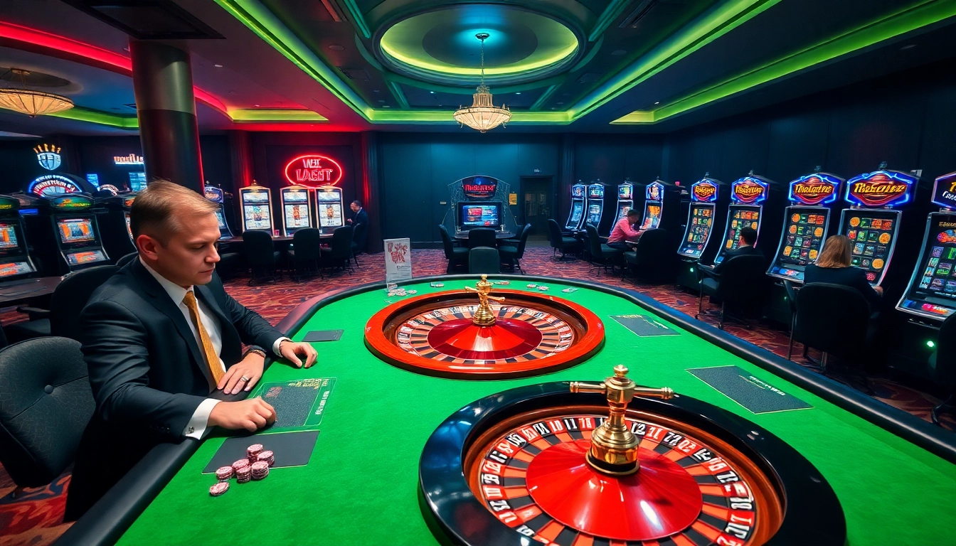 Gambling excitement at https://impactxoft.com with players at a luxury casino table and slot machines.