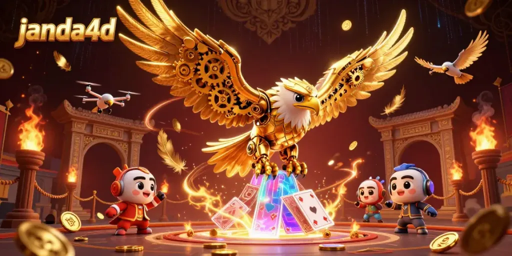 Gambar karakter janda4d terbang di atas arena kasino dengan kartu bermain dan koin emas berserakan