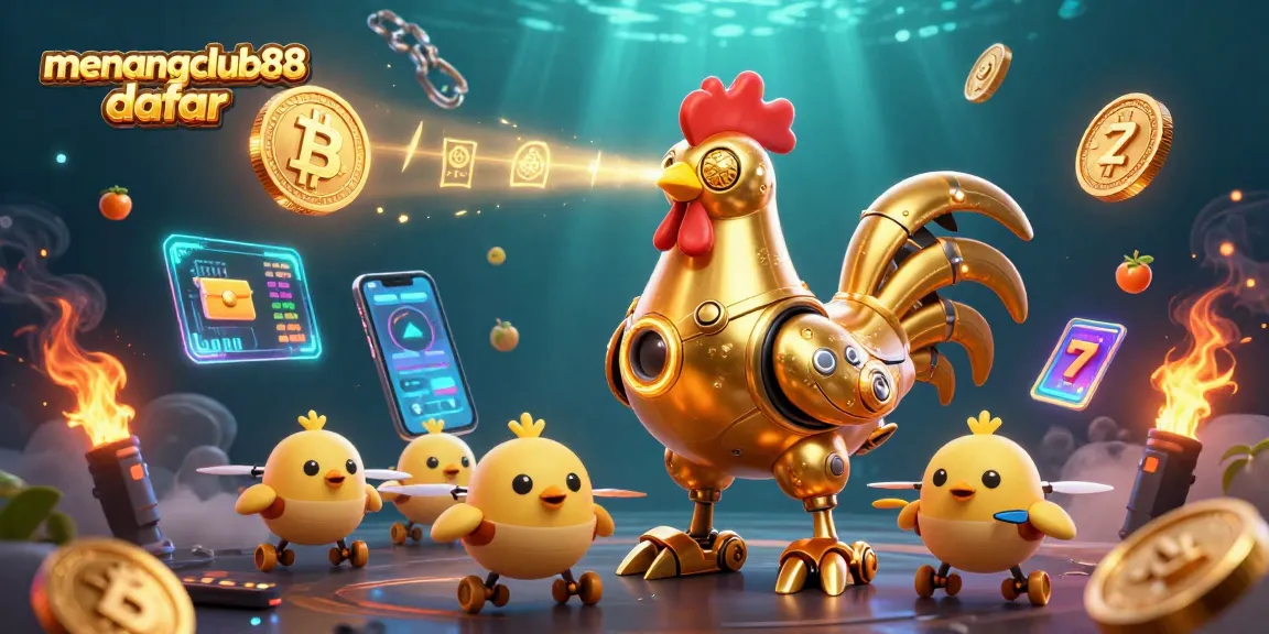 Engage with menangclub88 daftar using a golden rooster robot in a vibrant, dynamic casino scene.