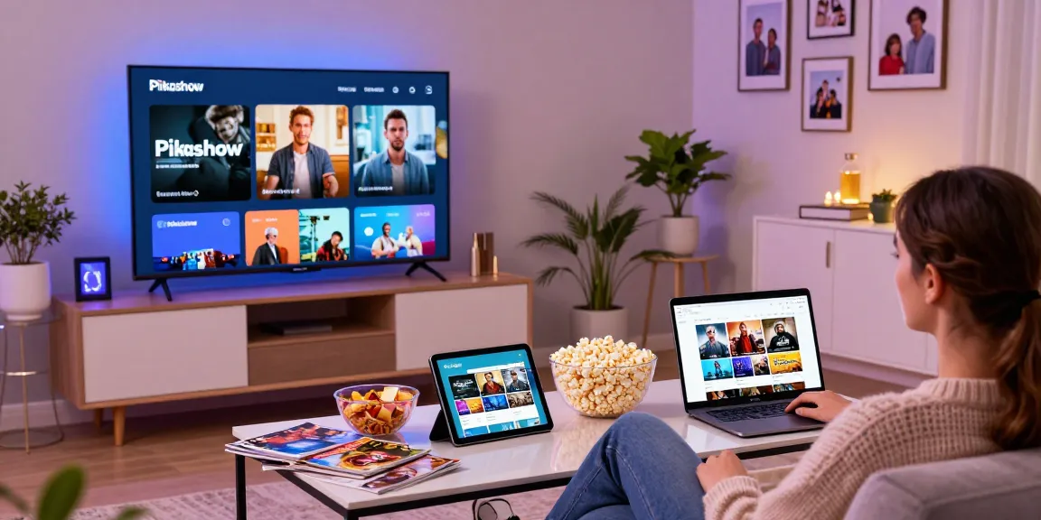 Pikashow app showcased on a tablet in a cozy living room during a movie night.