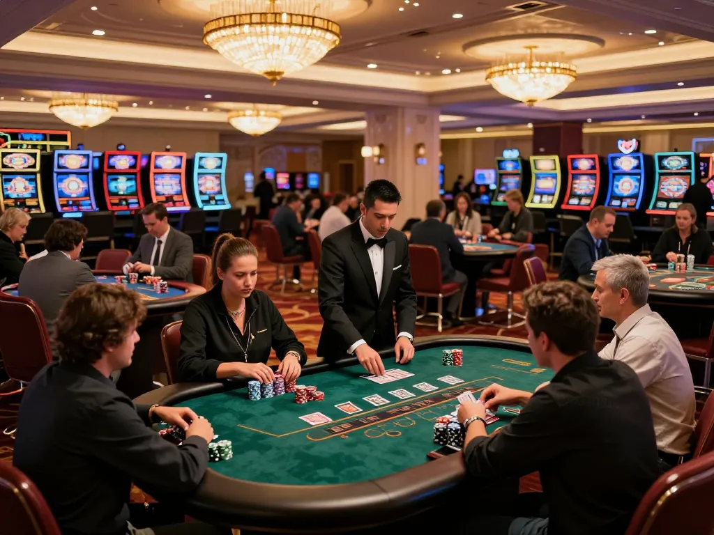 Players at the W69 blackjack table strategizing their next moves in an upscale casino setting.