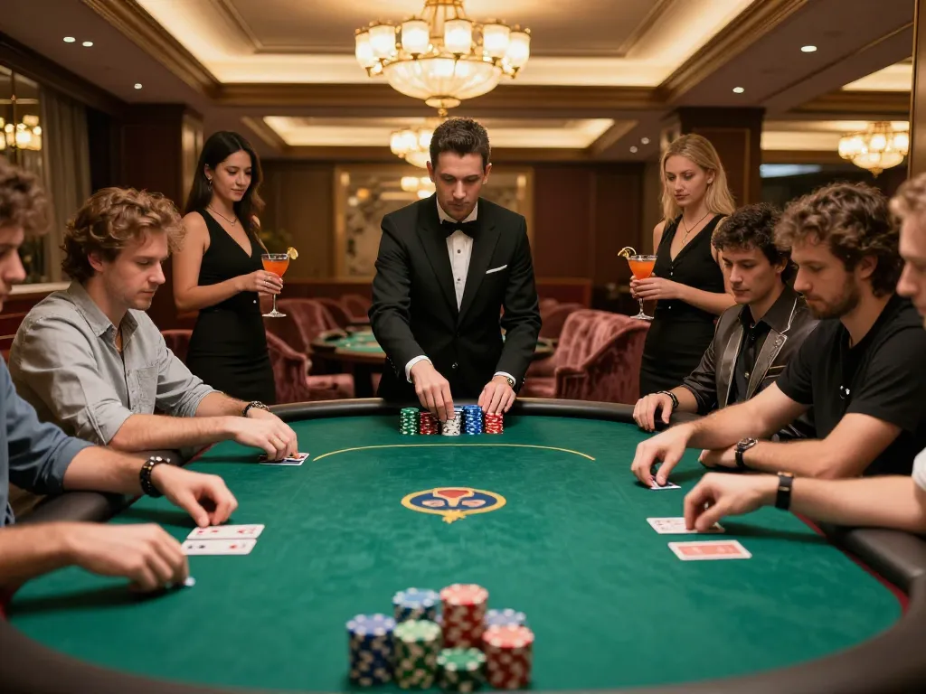 Players strategically betting at an upscale poker table in a luxurious casino setting with uu88