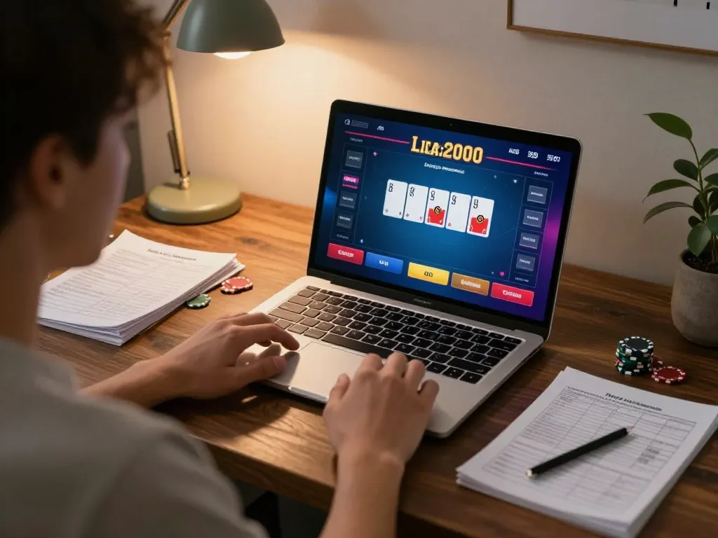 LIGA2000 online poker game in progress, showcasing vibrant interface and responsible gambling notes.