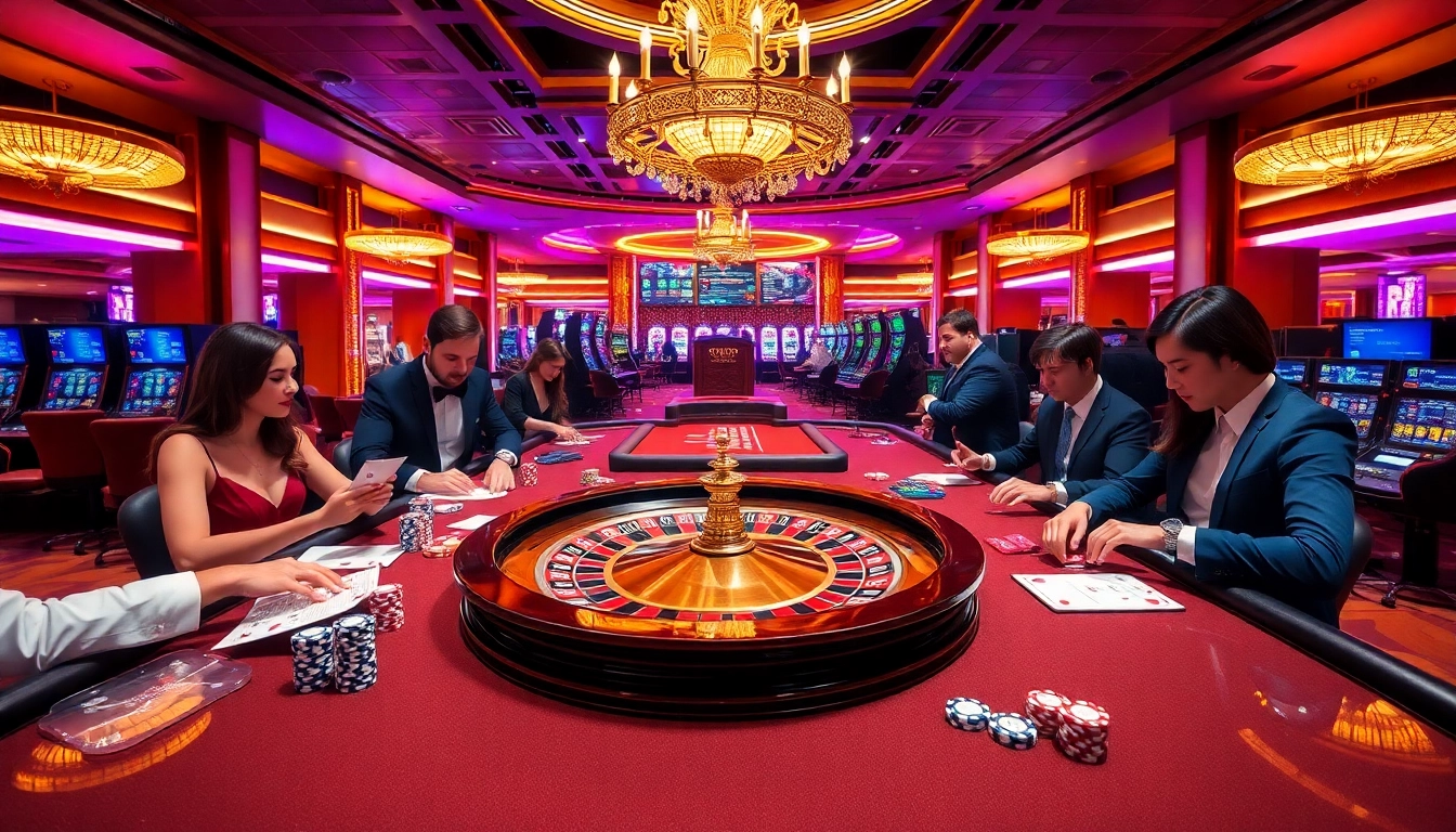 Experience the thrill of betting at https://xx88.day/ with an elegant casino scene featuring a roulette wheel and players.