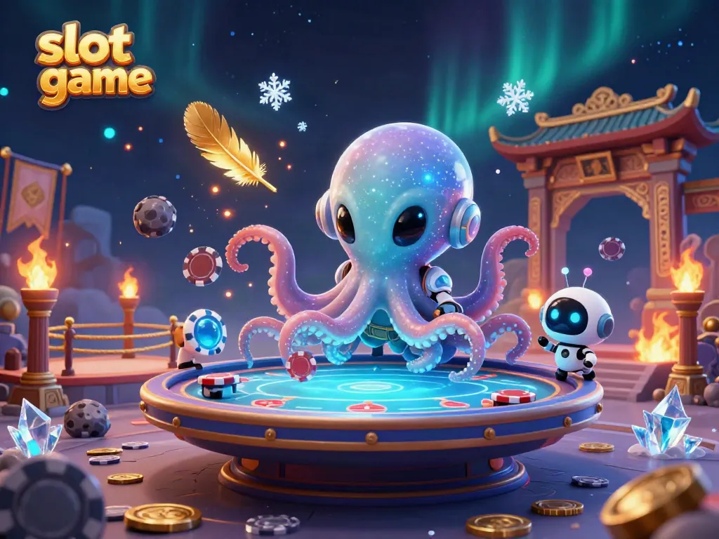 Engage with thrilling slot game dynamics featuring an alien octopus and robot at a holographic poker table.