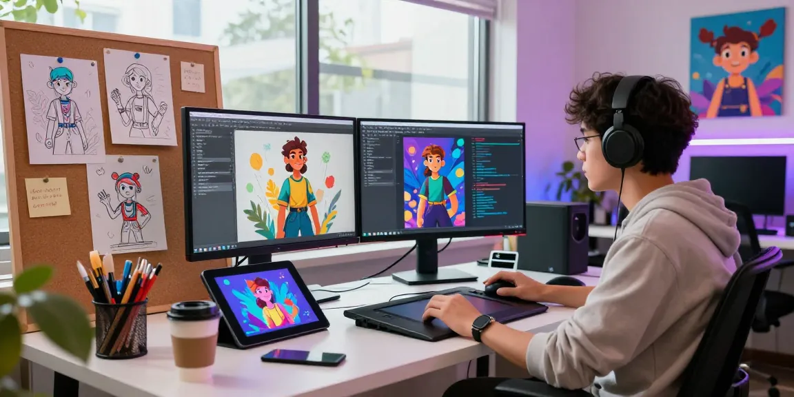 Engaging workspace of a character AI developer creating NSFW characters, showcasing monitors and sketches, fostering a creative atmosphere.