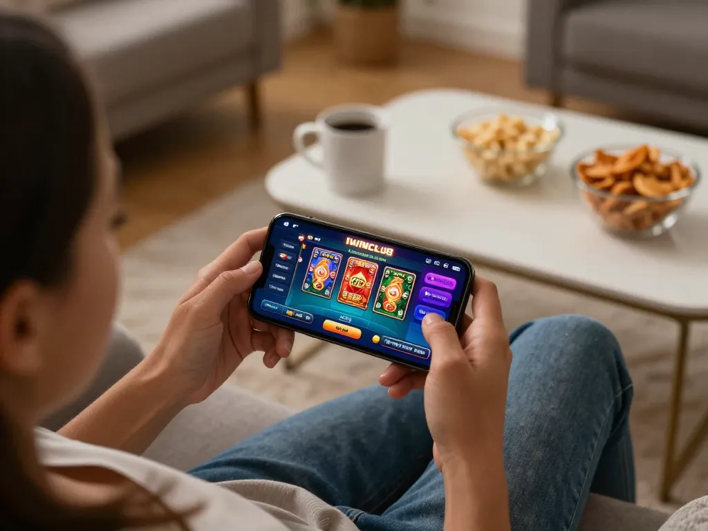 Engaging in thrilling gameplay on IWINCLUB app while relaxing at home in a cozy setting.